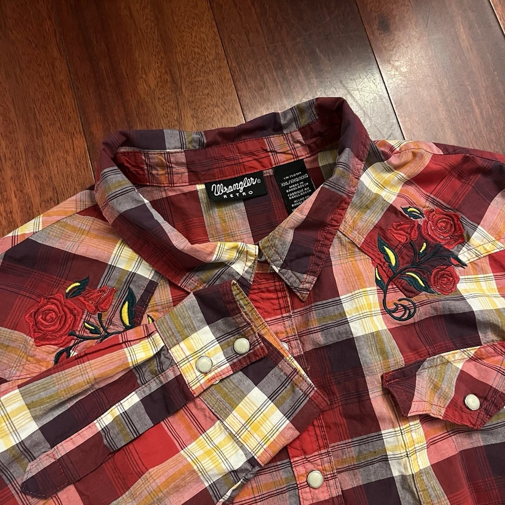 Wrangler Retro Shirt Men Xxl Pearl Snap Western Preppy Floral Embroidered Plaid